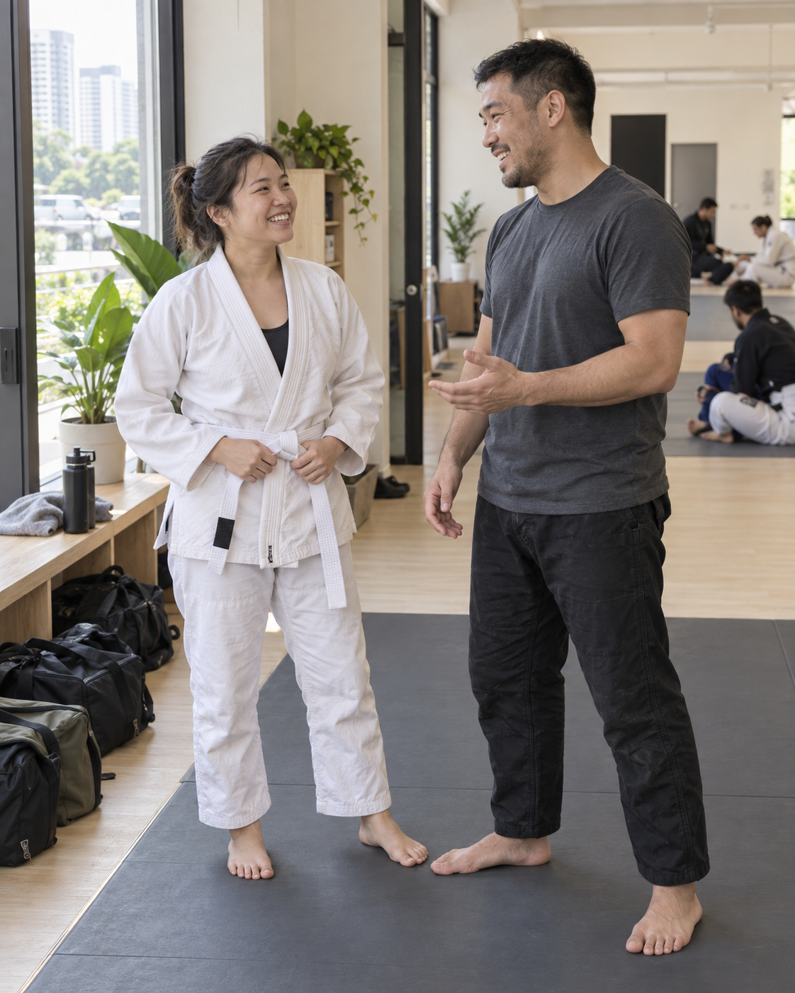 A beginner and coach chatting in a sunlit martial arts studio